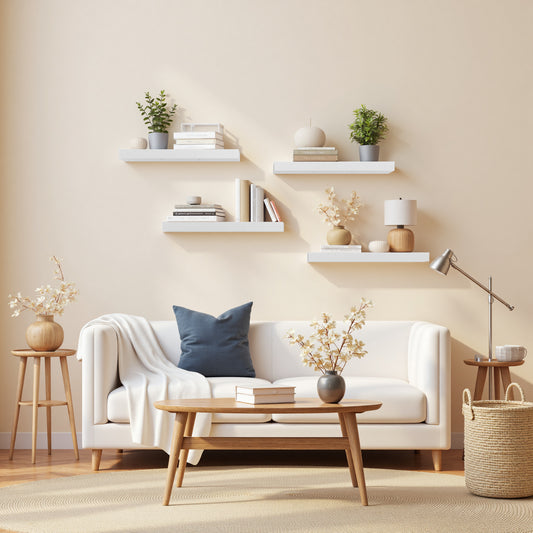 Zwevende Wandplanken, set van 4, Wandplanken Voor Slaapkamer, Woonkamer, Keuken - Zwart/Wit/Vuurkleur