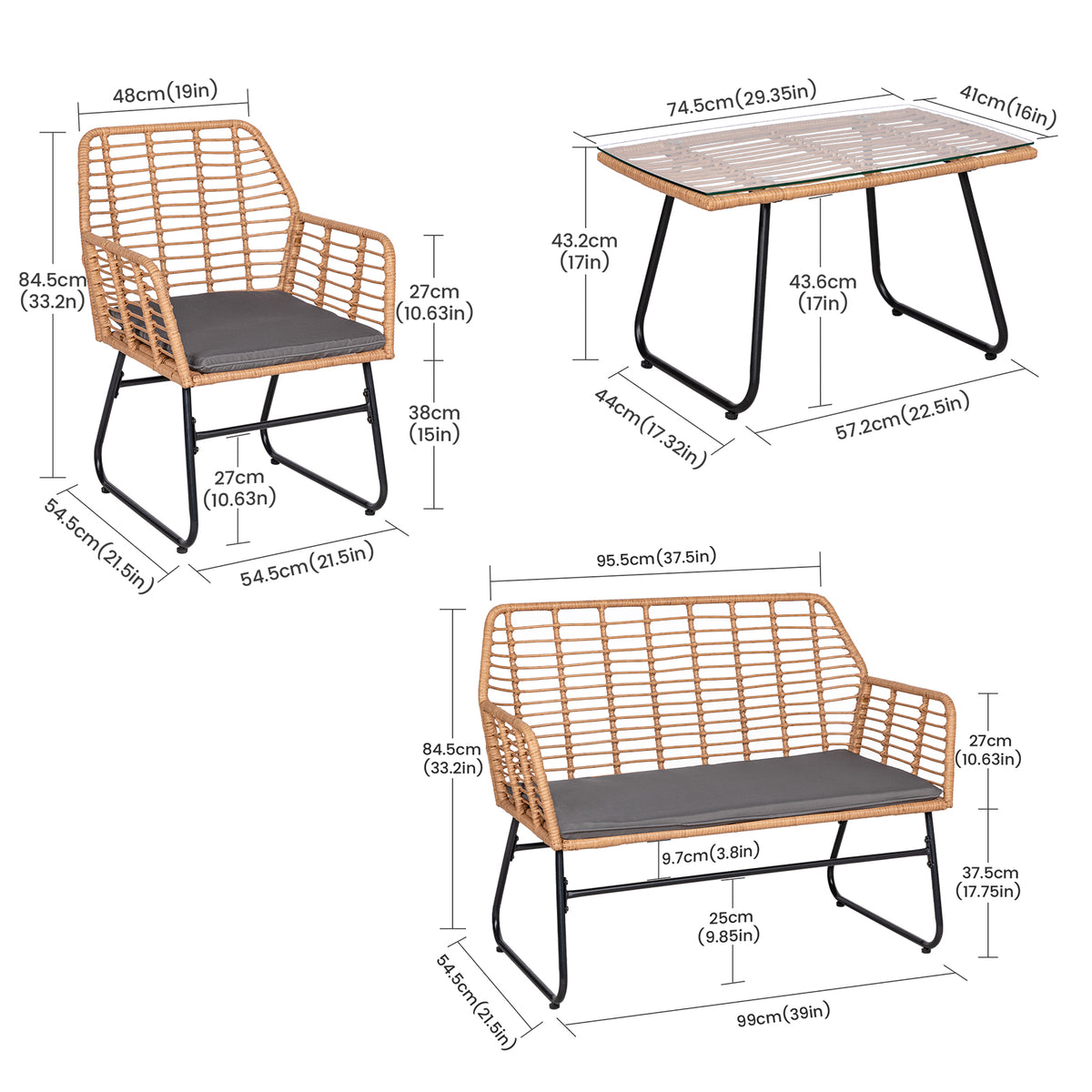 4-delige tuinset van gevlochten kunststof - Grijze kussens - 1 bank, 2 fauteuils, 1 salontafel
