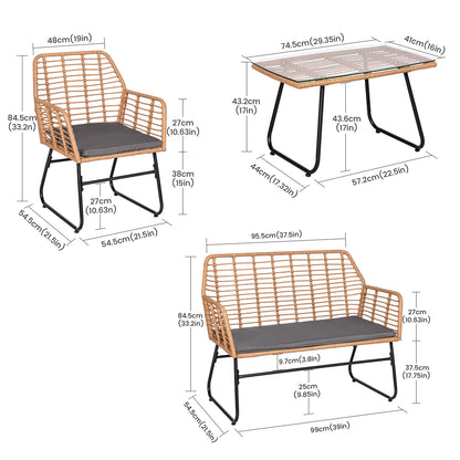4-delige tuinset van gevlochten kunststof - Grijze kussens - 1 bank, 2 fauteuils, 1 salontafel