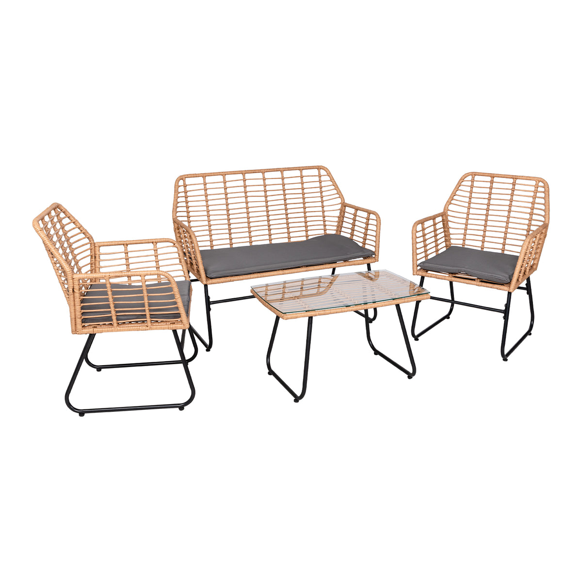 4-delige tuinset van gevlochten kunststof - Grijze kussens - 1 bank, 2 fauteuils, 1 salontafel