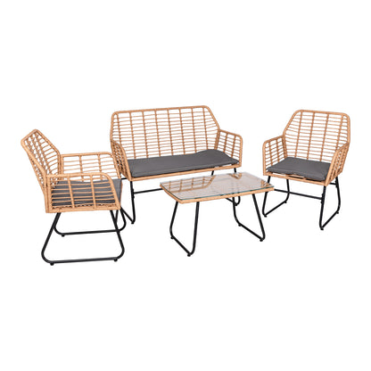 4-delige tuinset van gevlochten kunststof - Grijze kussens - 1 bank, 2 fauteuils, 1 salontafel