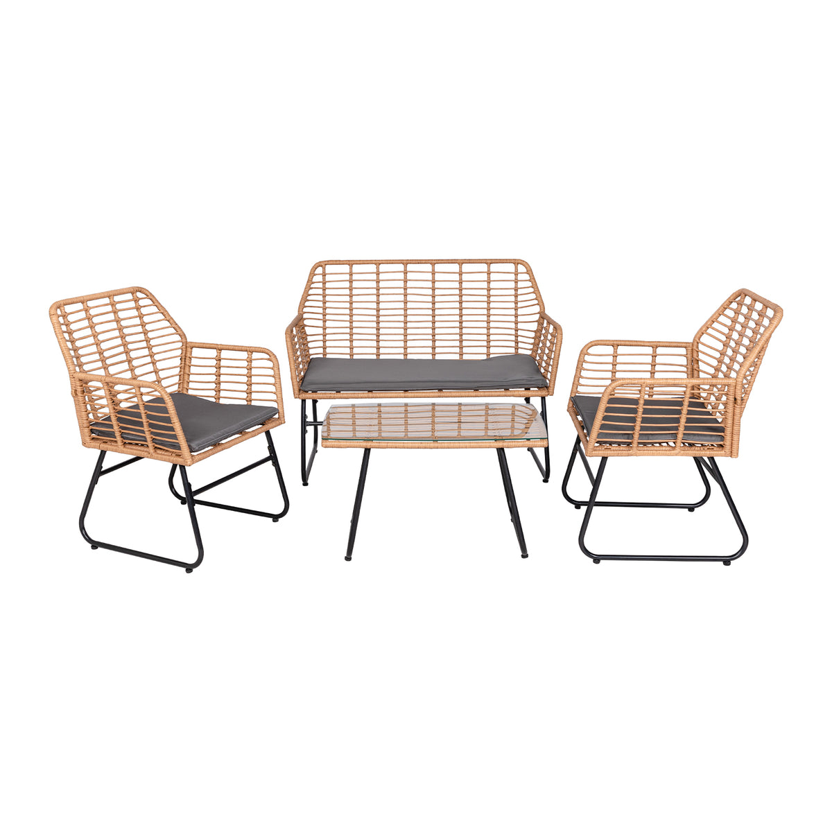 4-delige tuinset van gevlochten kunststof - Grijze kussens - 1 bank, 2 fauteuils, 1 salontafel