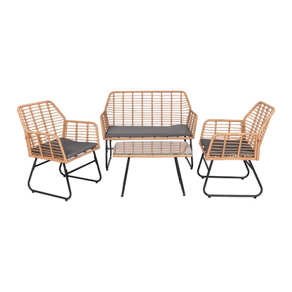 4-delige tuinset van gevlochten kunststof - Grijze kussens - 1 bank, 2 fauteuils, 1 salontafel
