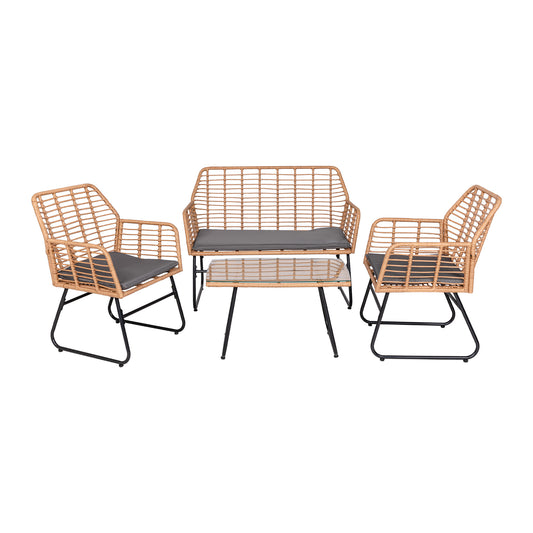 4-delige tuinset van gevlochten kunststof - Grijze kussens - 1 bank, 2 fauteuils, 1 salontafel