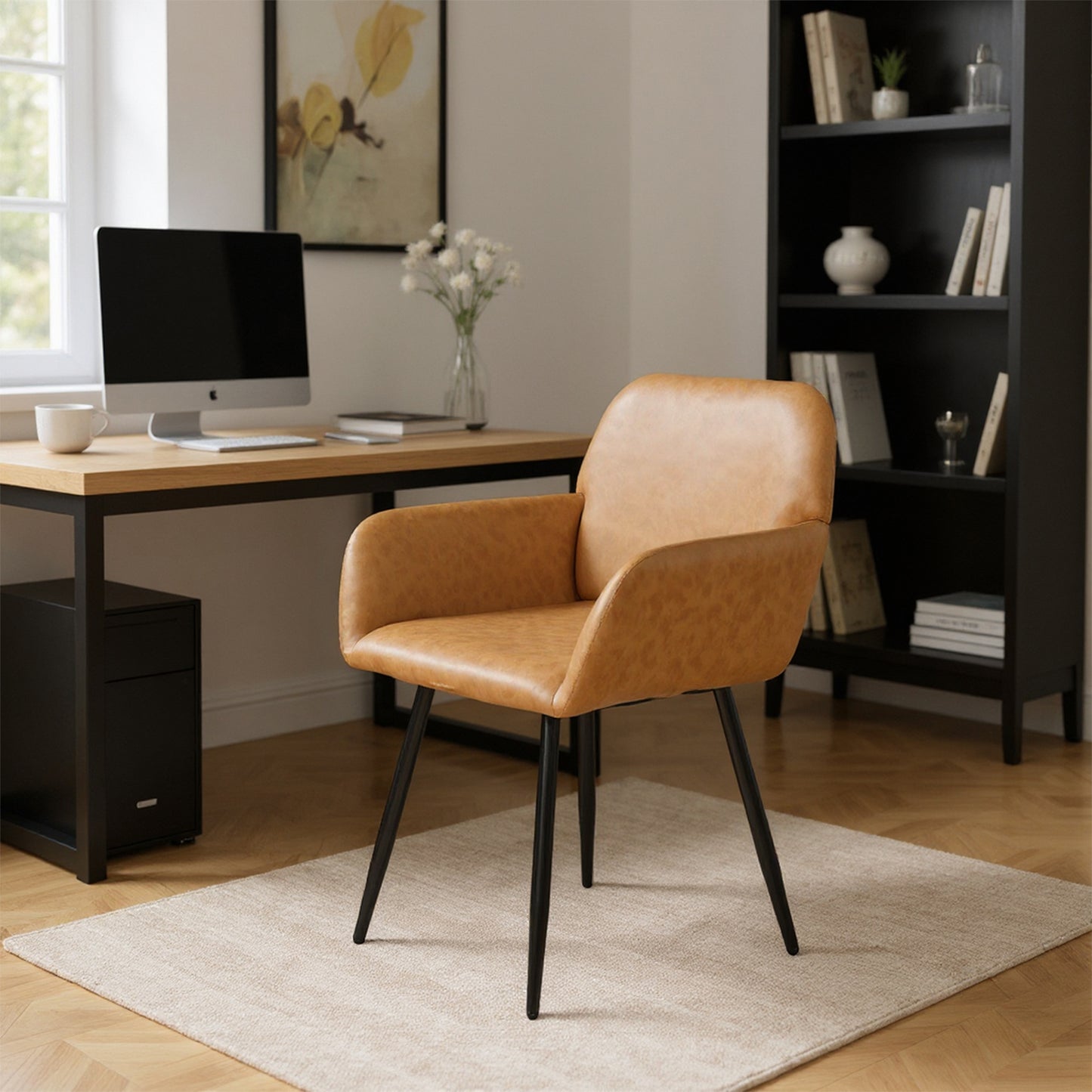 PU leren armleuningen brede eetkamerstoel met ijzeren poten set van 1/2 - Bruin