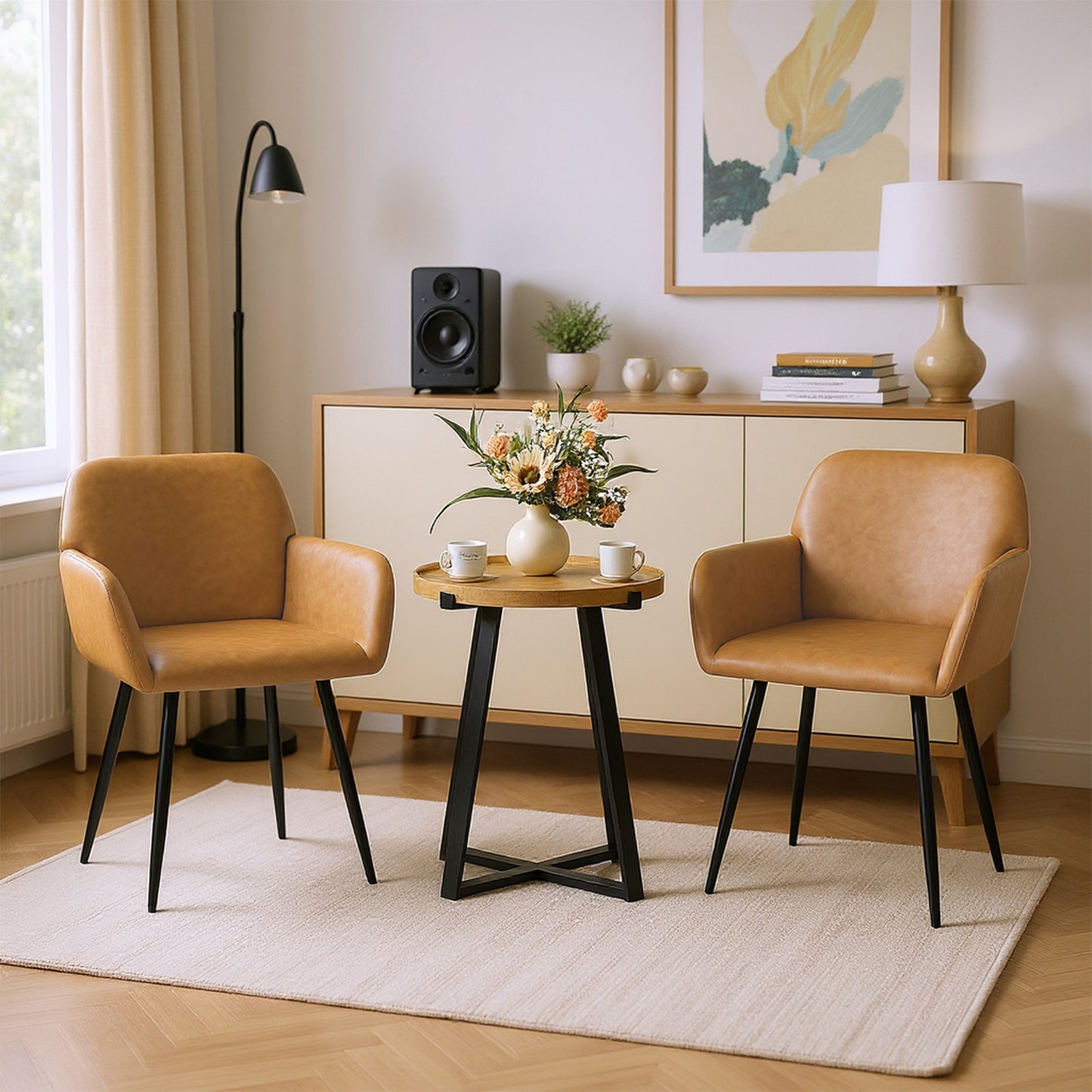 PU leren armleuningen brede eetkamerstoel met ijzeren poten set van 1/2 - Bruin