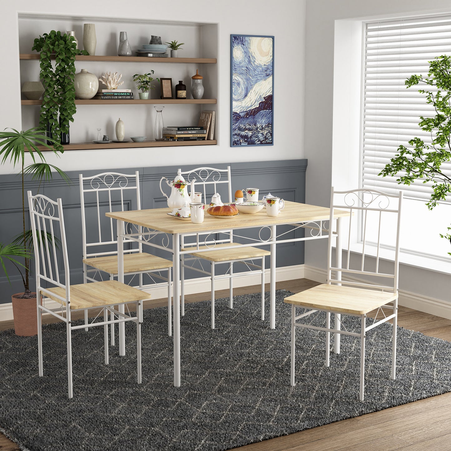 NORSEMAN Marmertafel en 4 stoelenset - Wit/Zwart/Lichtbruin