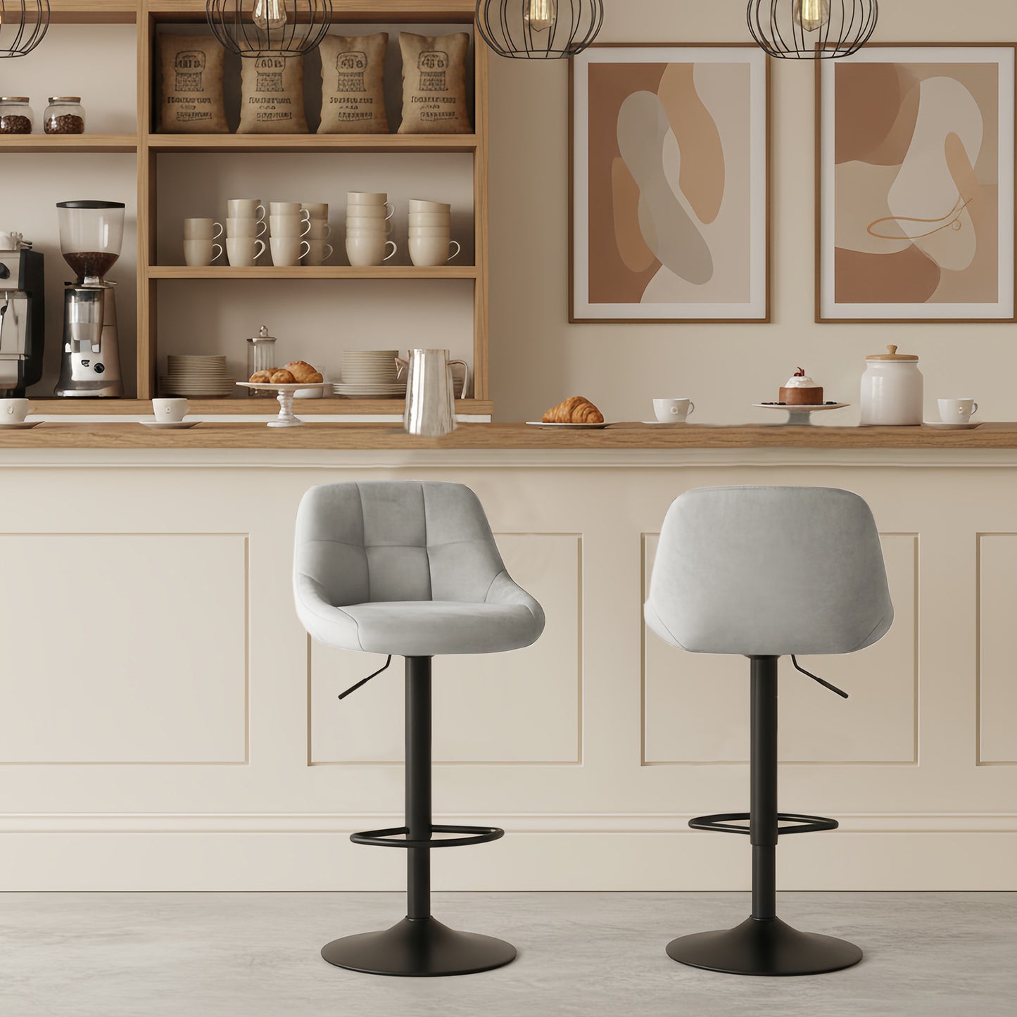 OLIVET Moderne Verstelbare Fluweel Barstoel, Set van 2 - Grijs