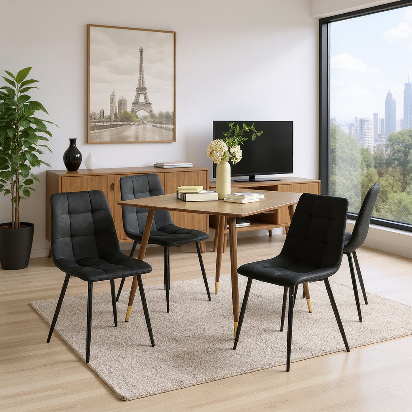 Eetkamerstoel zonder armleuningen van stof met zwarte ijzeren poten - Zwart/Grijs/Bruin