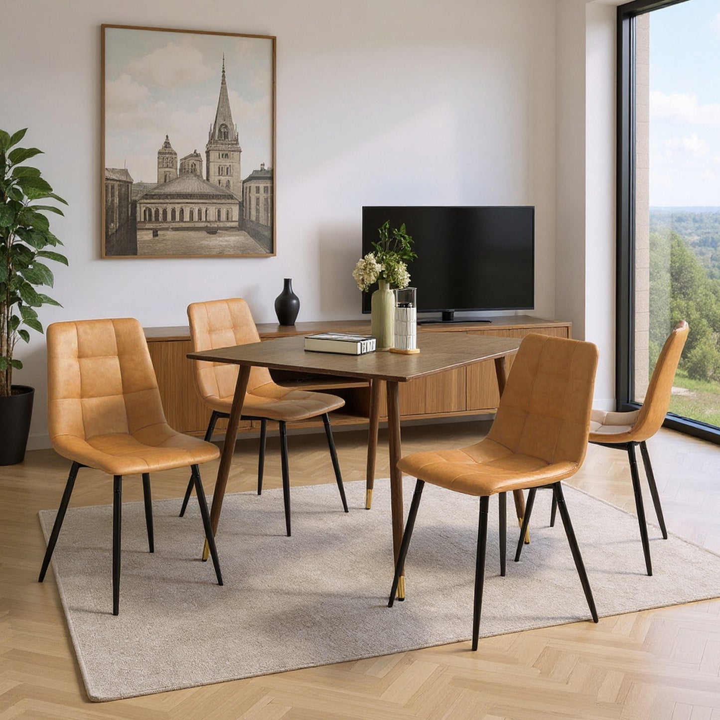 Eetkamerstoel zonder armleuningen van stof met zwarte ijzeren poten - Zwart/Grijs/Bruin