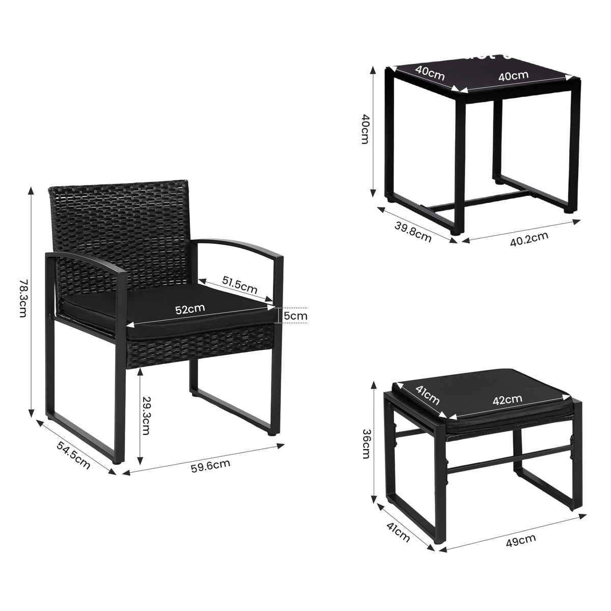 5-delige rotan tuinset, 2 fauteuils + 2 voetenbankjes + 1 tafel - zwart