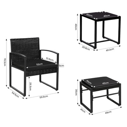 5-delige rotan tuinset, 2 fauteuils + 2 voetenbankjes + 1 tafel - zwart