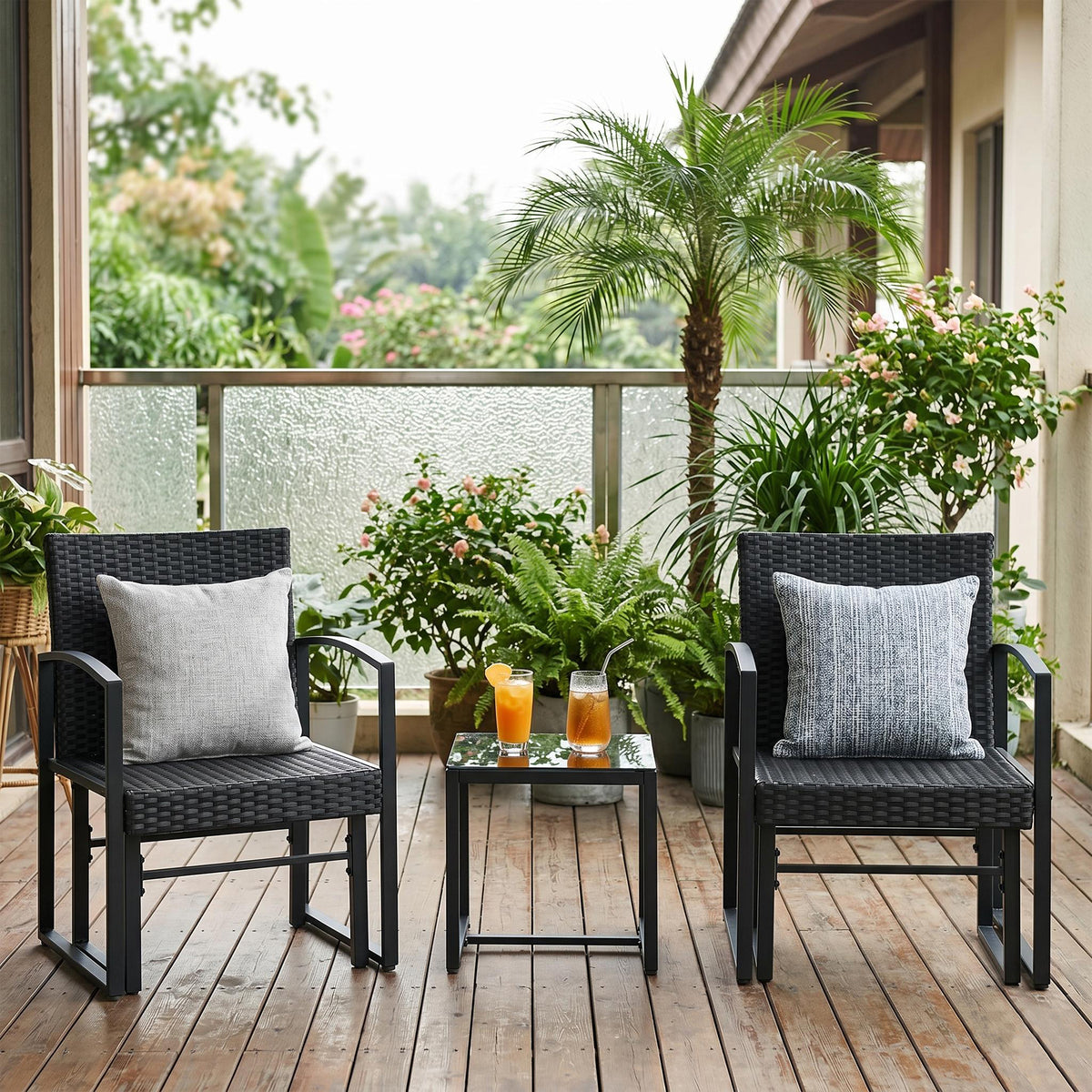 5-delige rotan tuinset, 2 fauteuils + 2 voetenbankjes + 1 tafel - zwart