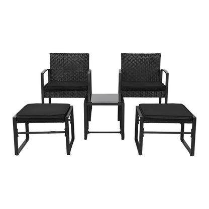 5-delige rotan tuinset, 2 fauteuils + 2 voetenbankjes + 1 tafel - zwart