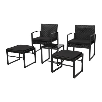 5-delige rotan tuinset, 2 fauteuils + 2 voetenbankjes + 1 tafel - zwart