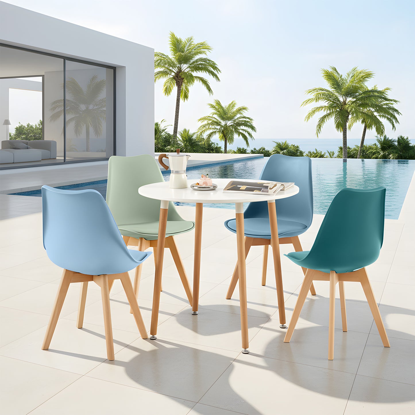 TULIP Zachte kunststof stoel, set van 4 in zachte kleuren