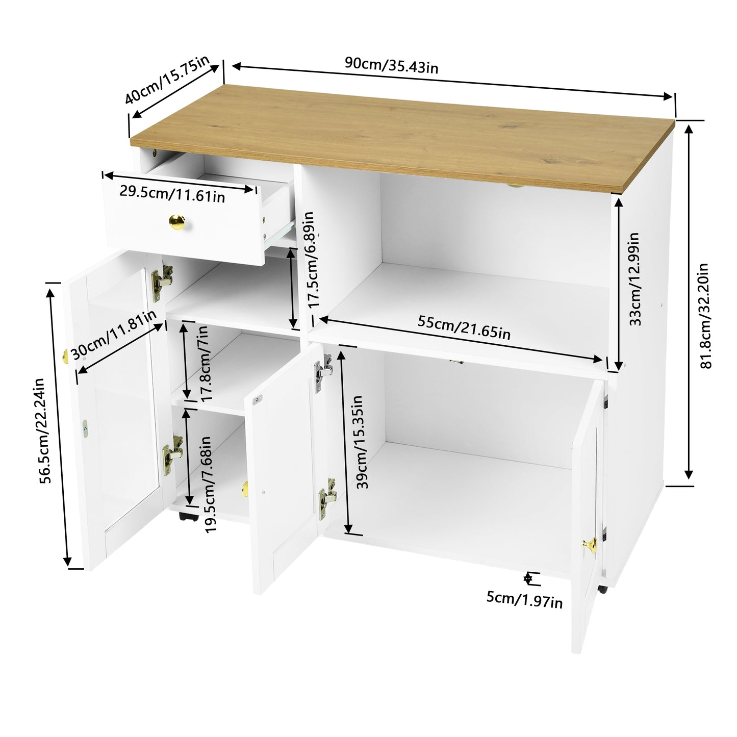 VIDOR Dressoir, keukenkast met magnetronrek - wit