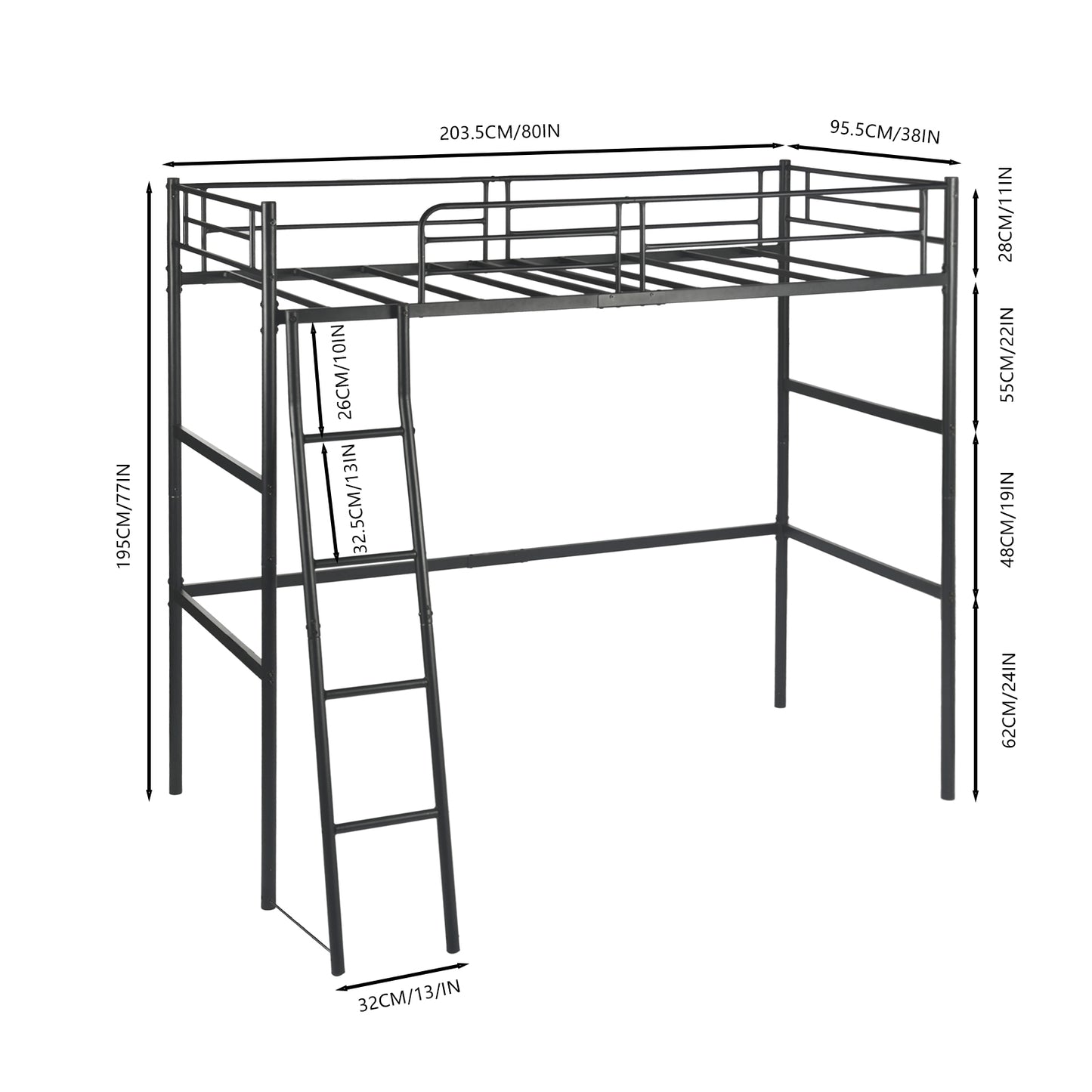 Loft Bed Frame van Metaal met Ingebouwde Ladder Zwart - WALDO