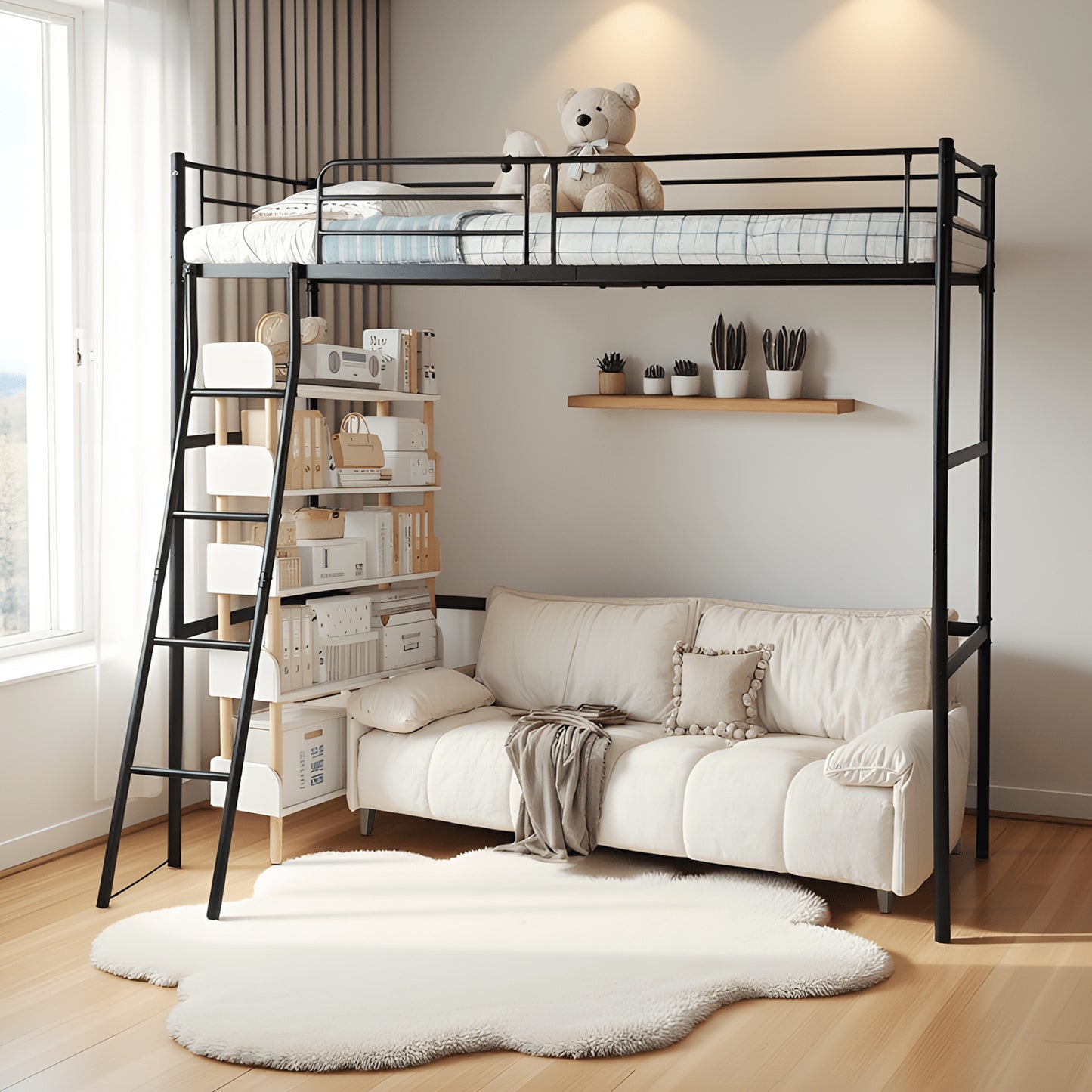 Loft Bed Frame van Metaal met Ingebouwde Ladder Zwart - WALDO