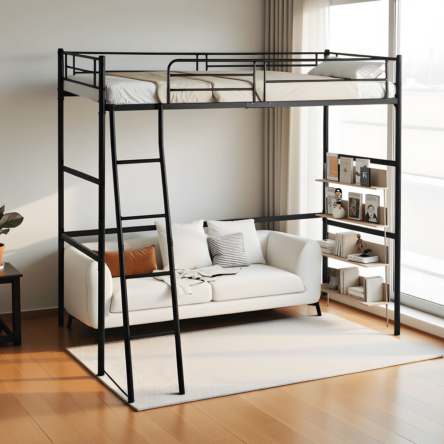 Loft Bed Frame van Metaal met Ingebouwde Ladder Zwart - WALDO